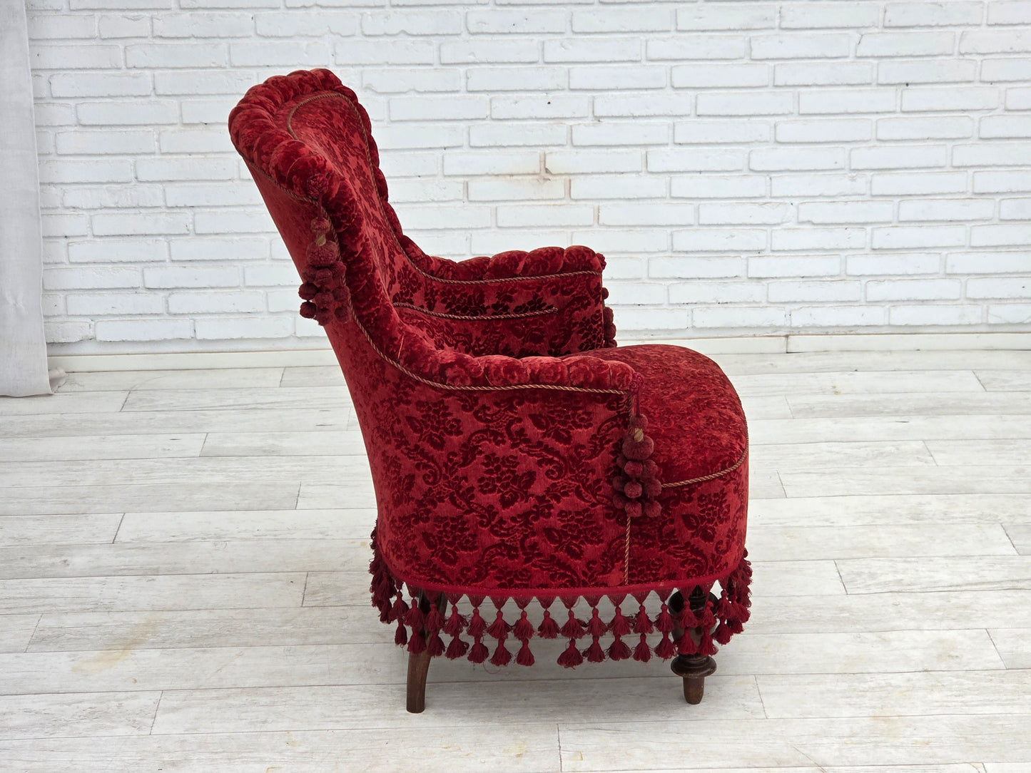 1950s, Danish armchair, furniture velour, beech wood legs.