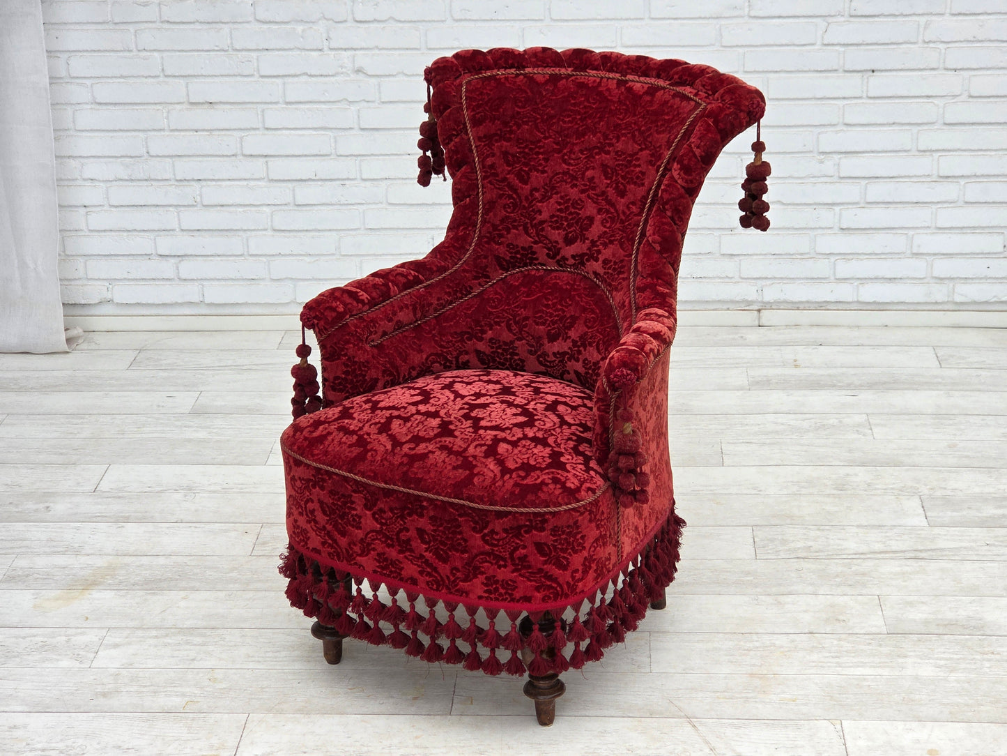 1950s, Danish armchair, furniture velour, beech wood legs.