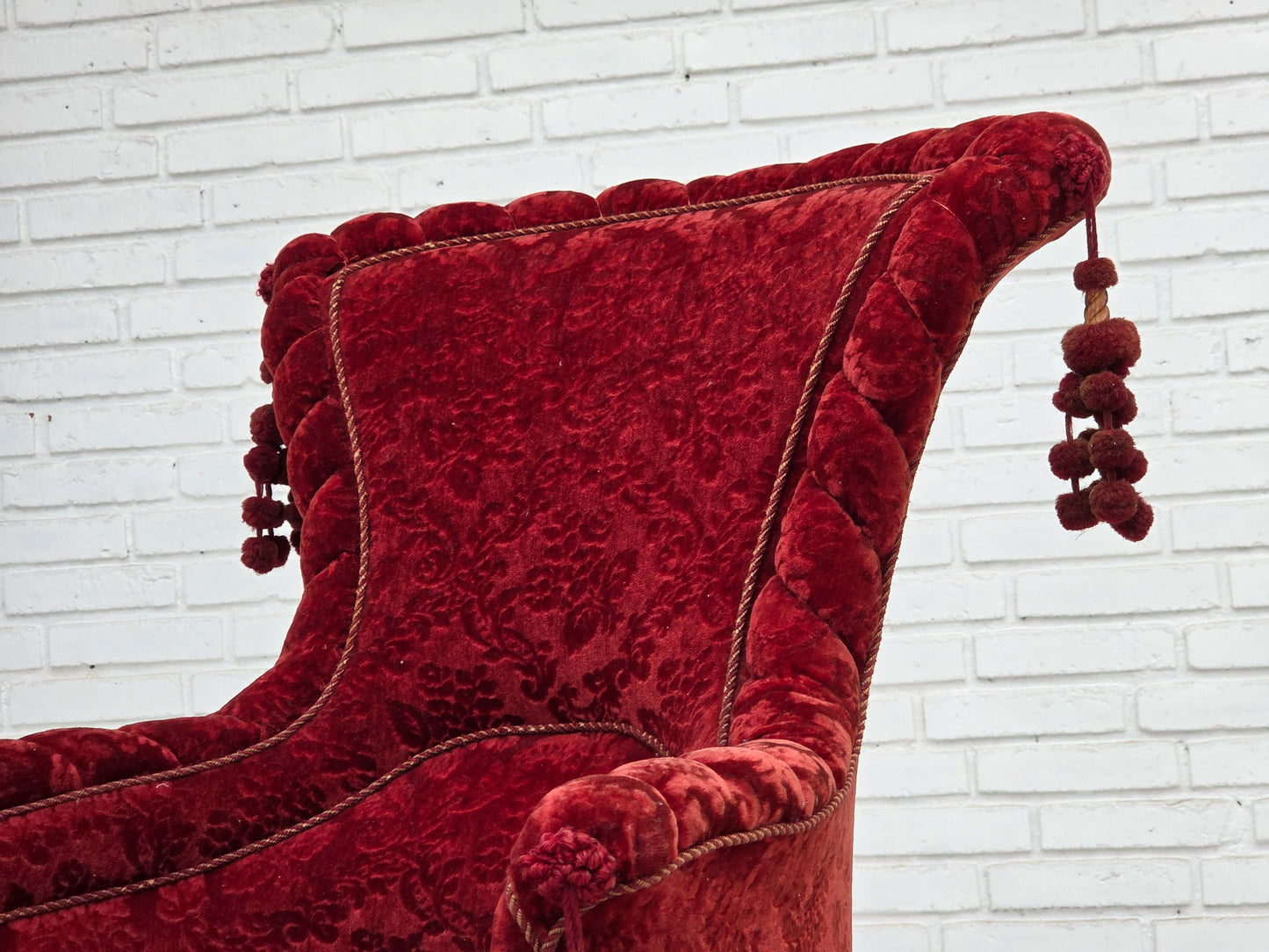 1950s, Danish armchair, furniture velour, beech wood legs.
