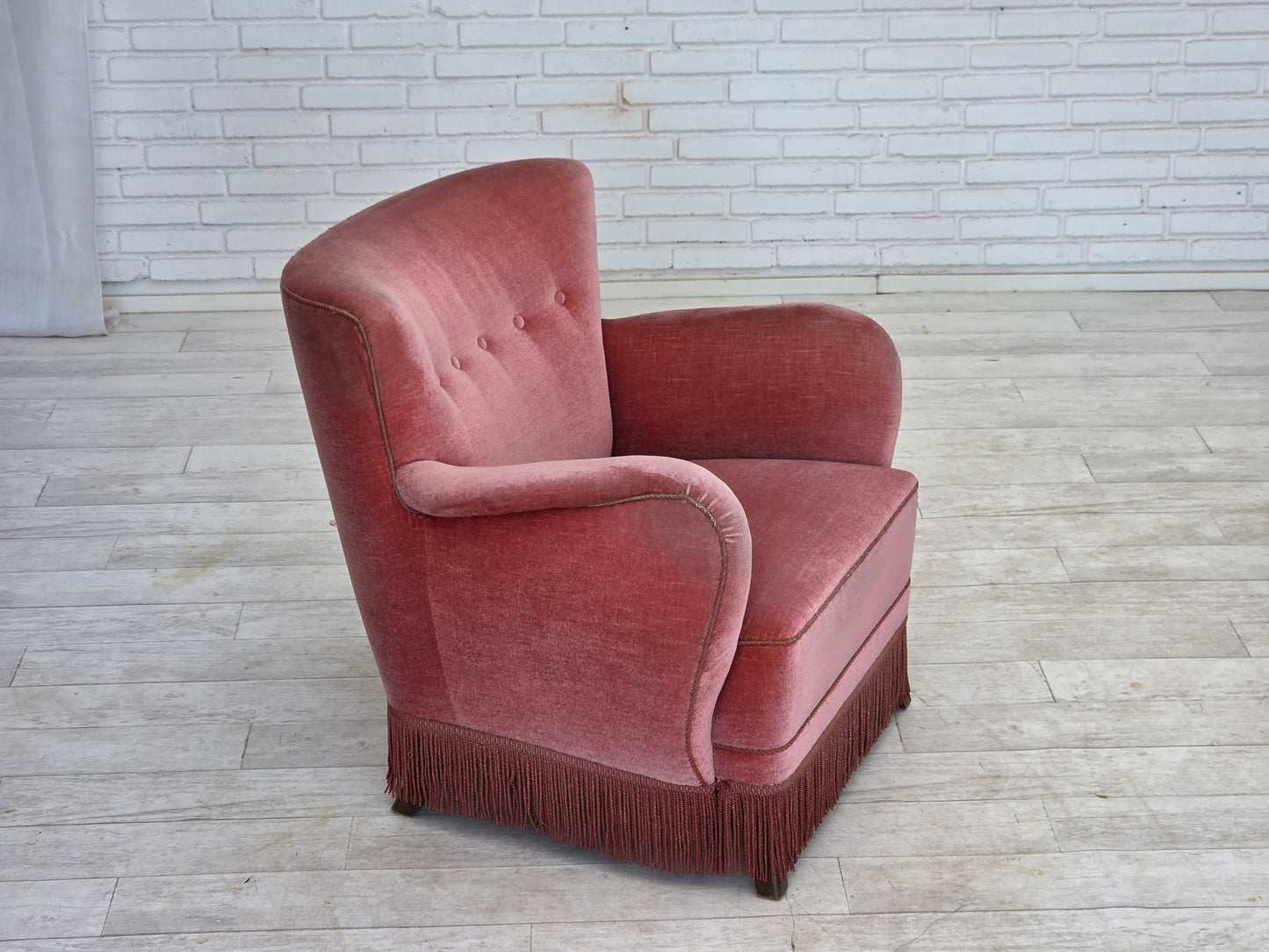 1970s, Danish armchair, salmon pink furniture velour, oak wood.