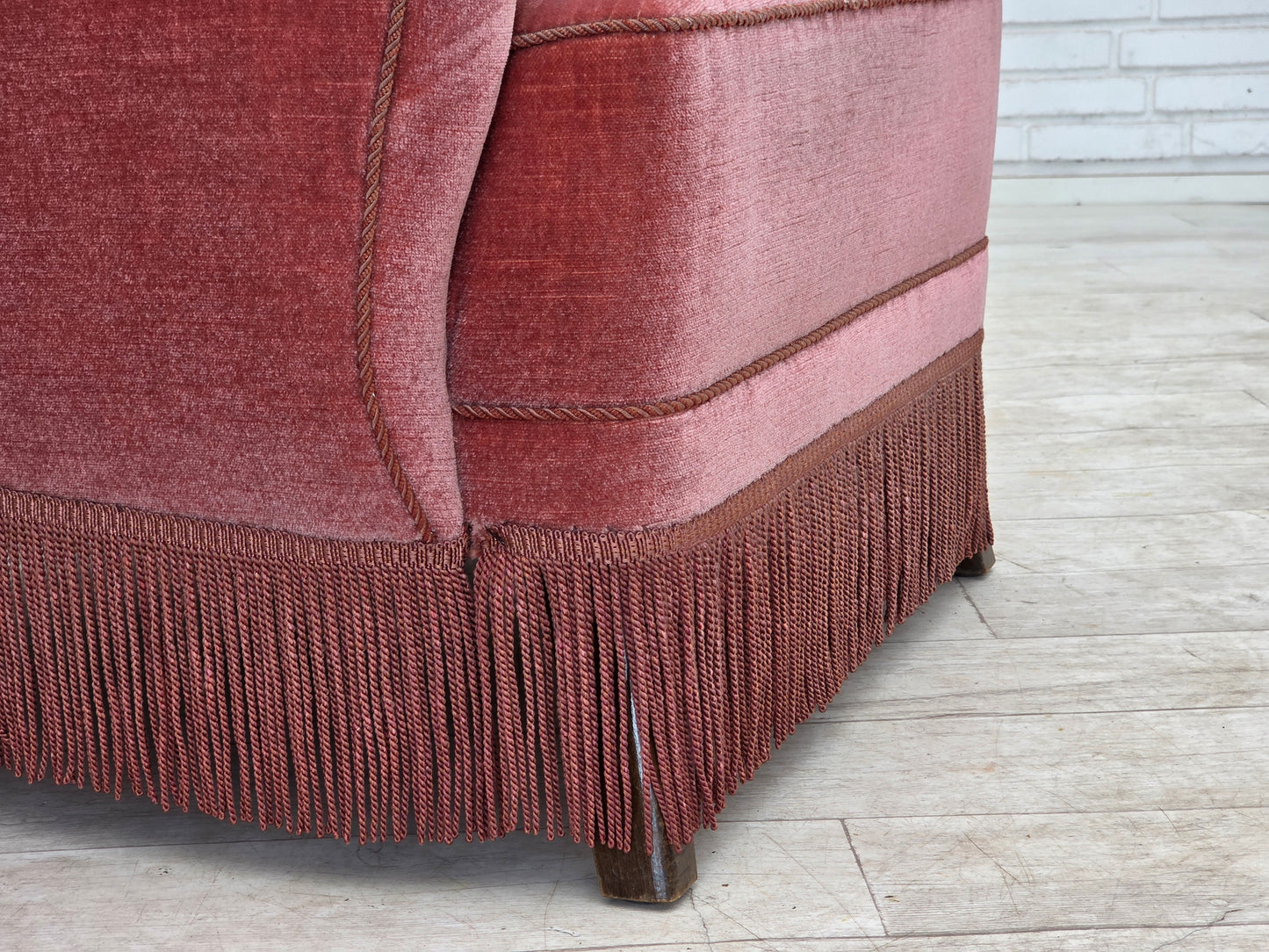1970s, Danish armchair, salmon pink furniture velour, oak wood.