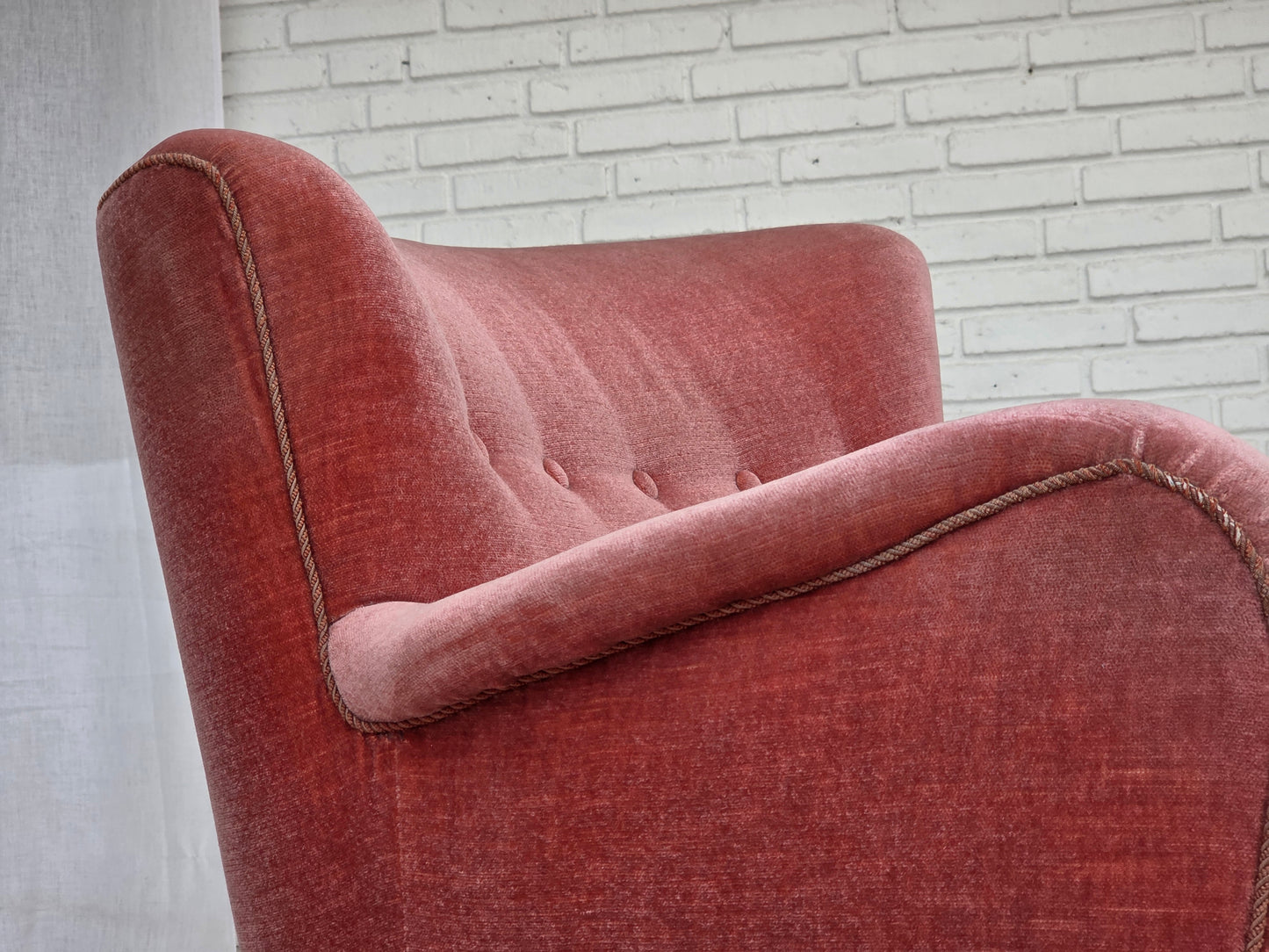 1970s, Danish armchair, salmon pink furniture velour, oak wood.