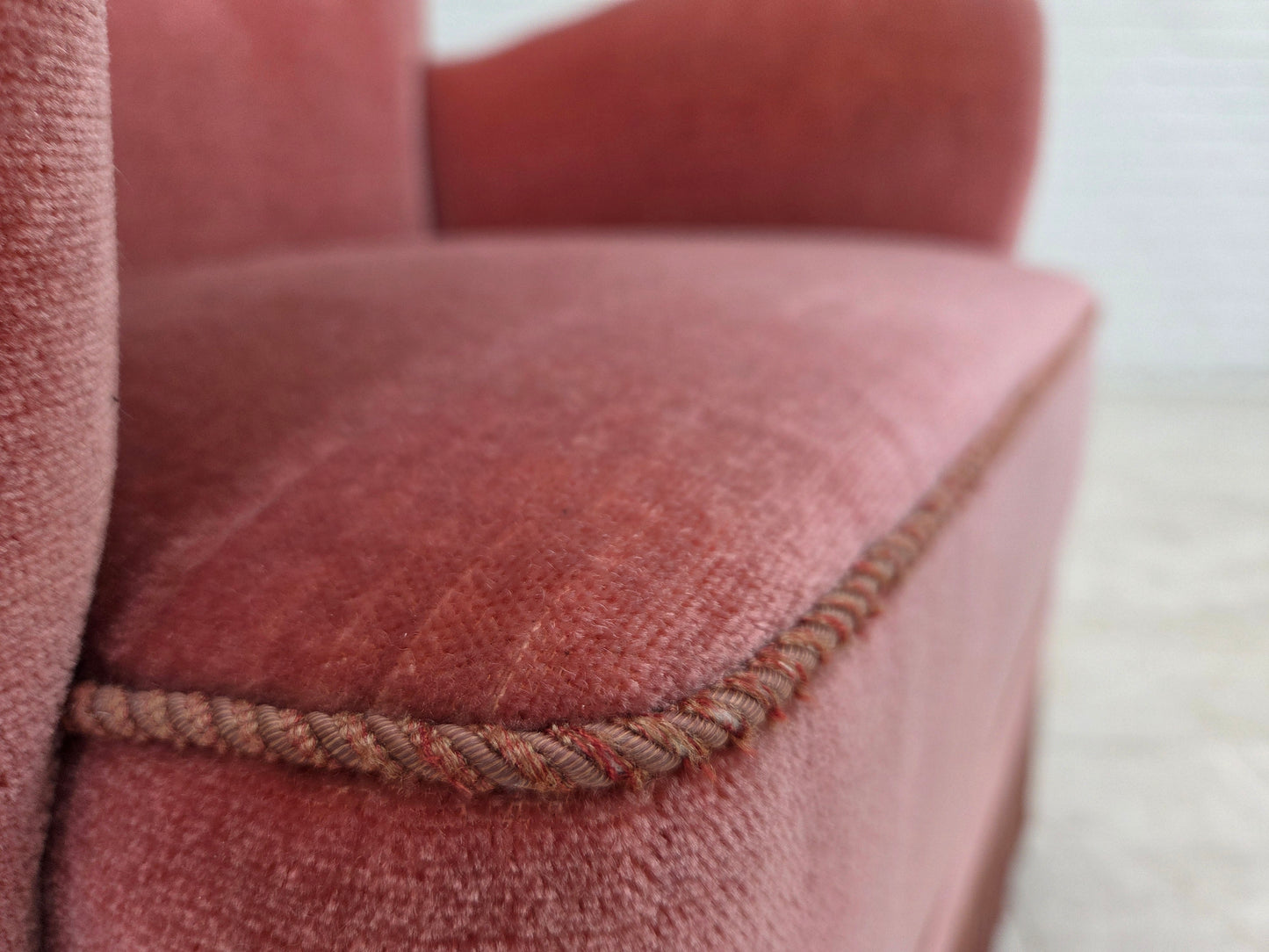 1970s, Danish armchair, salmon pink furniture velour, oak wood.