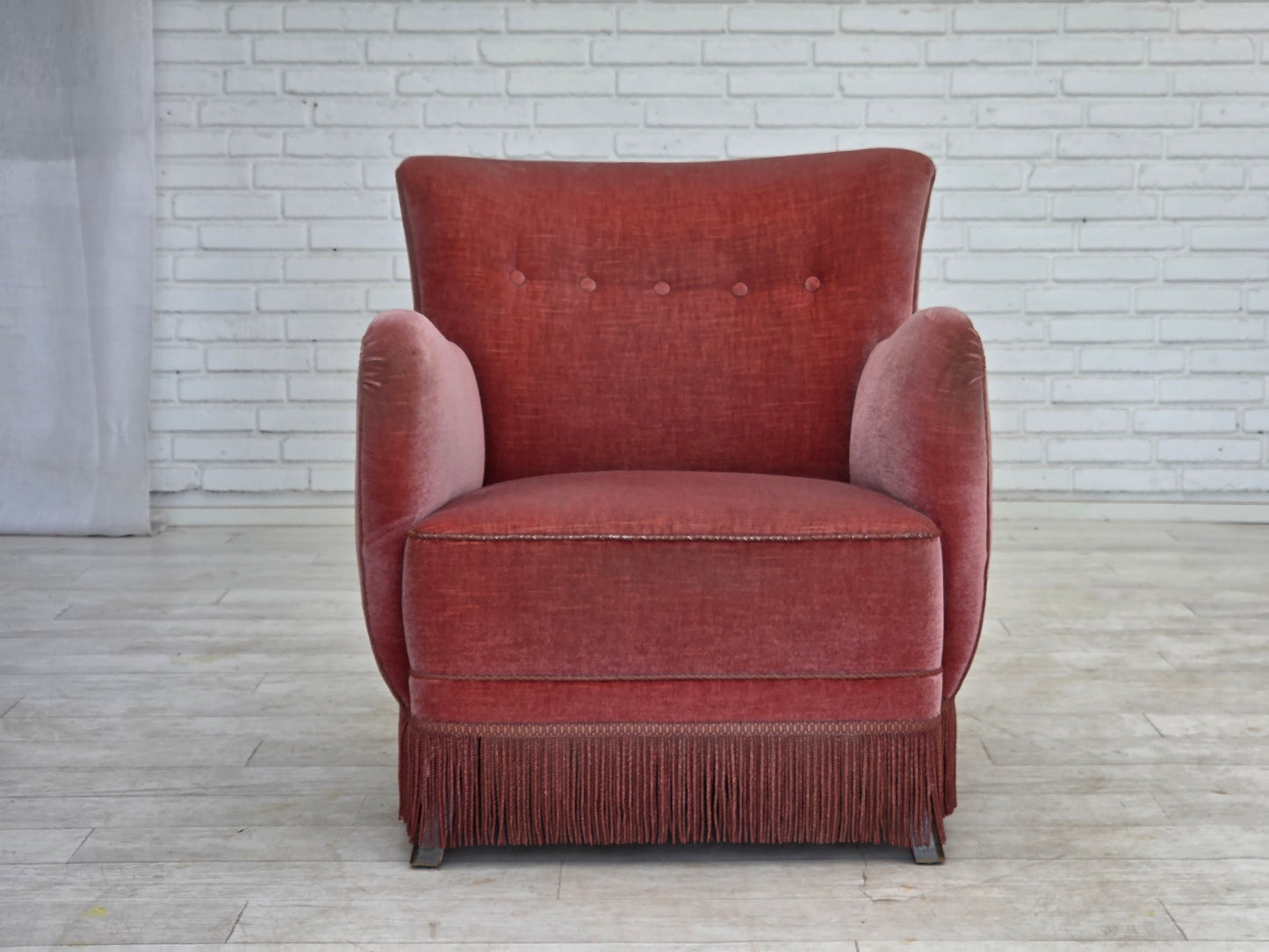 1970s, Danish armchair, salmon pink furniture velour, oak wood.