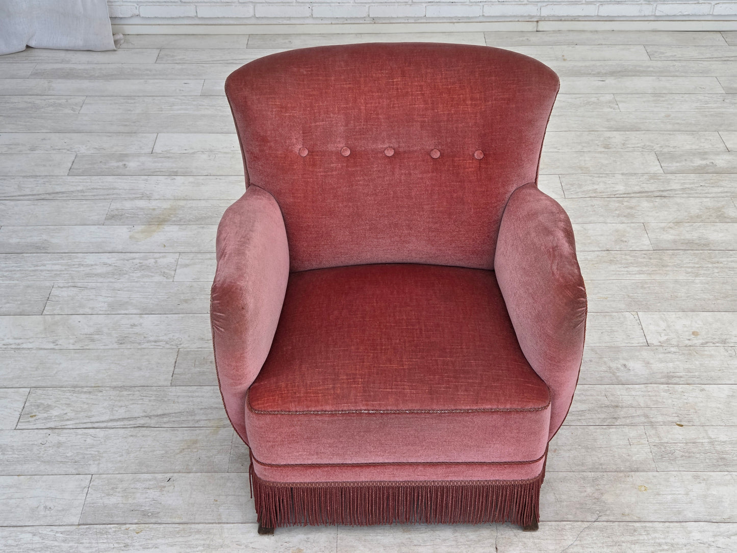 1970s, Danish armchair, salmon pink furniture velour, oak wood.