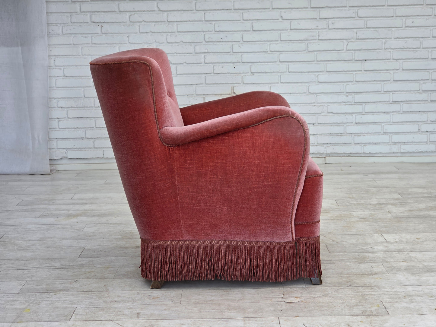 1970s, Danish armchair, salmon pink furniture velour, oak wood.