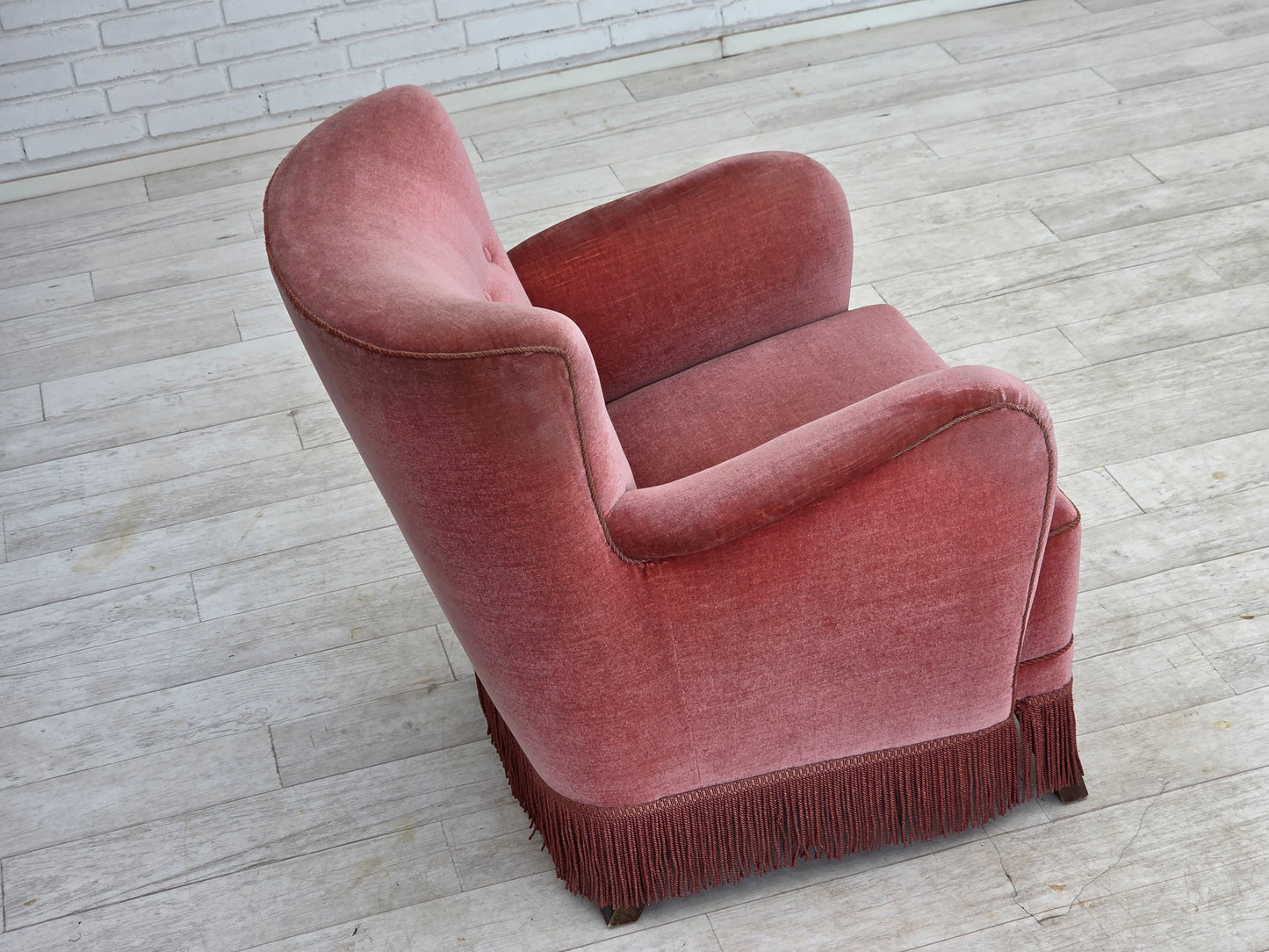 1970s, Danish armchair, salmon pink furniture velour, oak wood.