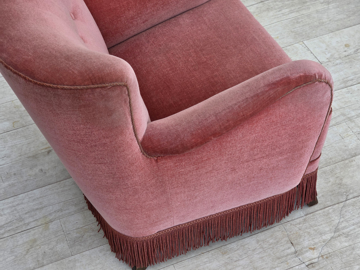 1970s, Danish armchair, salmon pink furniture velour, oak wood.