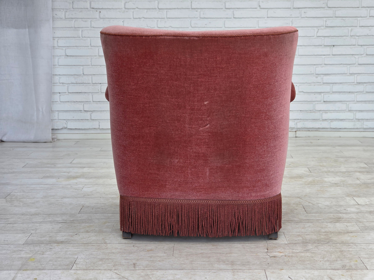 1970s, Danish armchair, salmon pink furniture velour, oak wood.