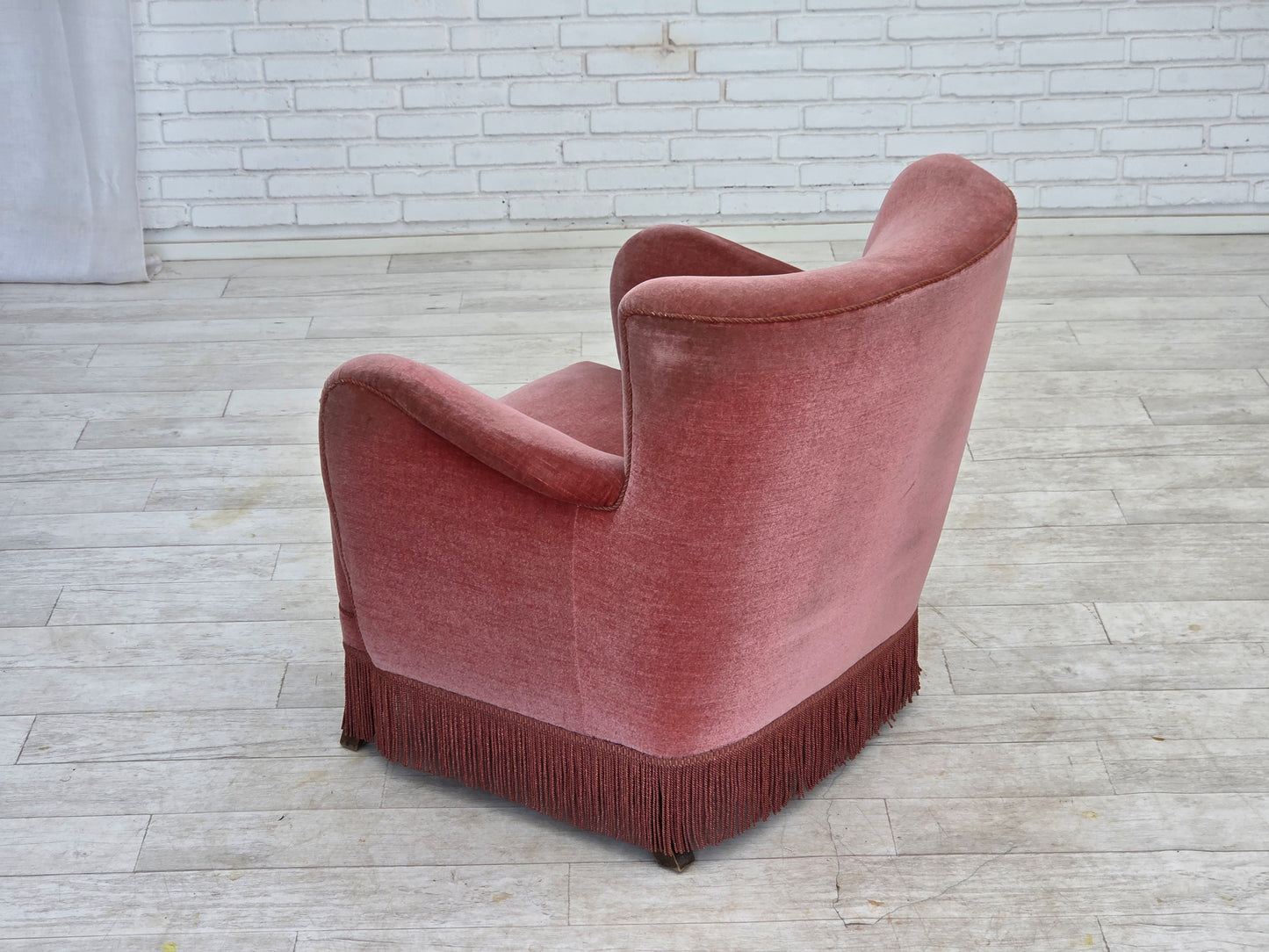 1970s, Danish armchair, salmon pink furniture velour, oak wood.