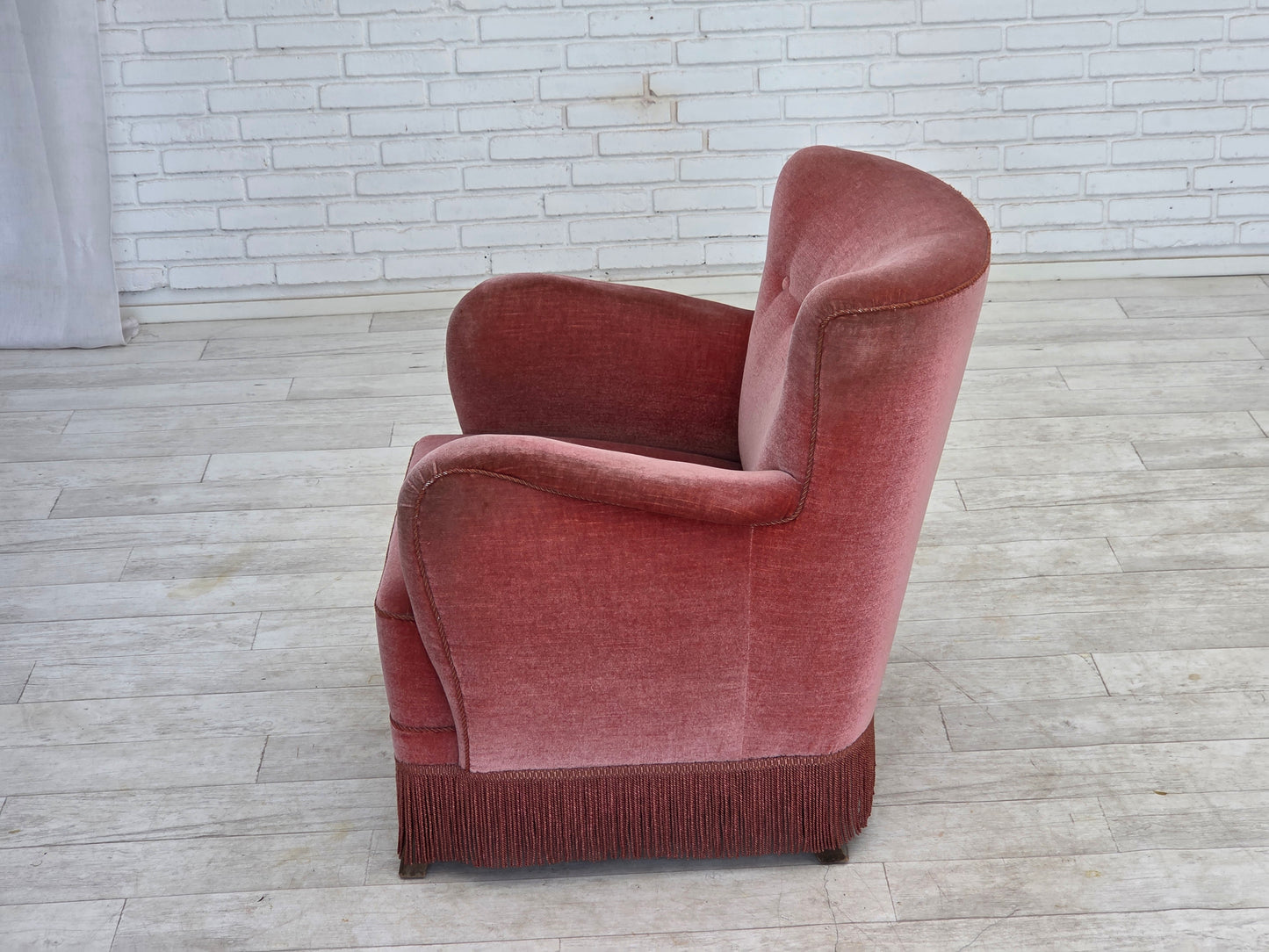 1970s, Danish armchair, salmon pink furniture velour, oak wood.