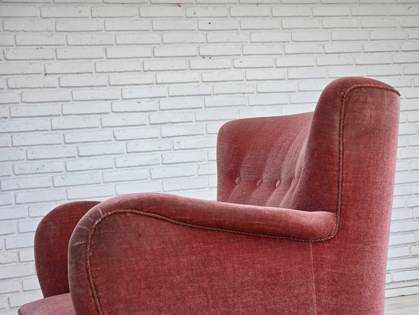 1970s, Danish armchair, salmon pink furniture velour, oak wood.