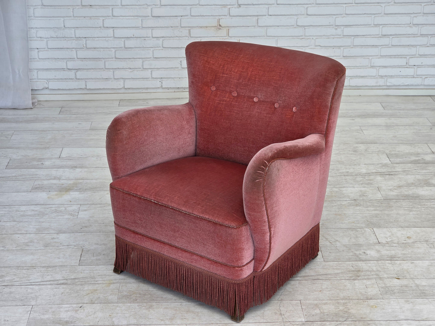 1970s, Danish armchair, salmon pink furniture velour, oak wood.