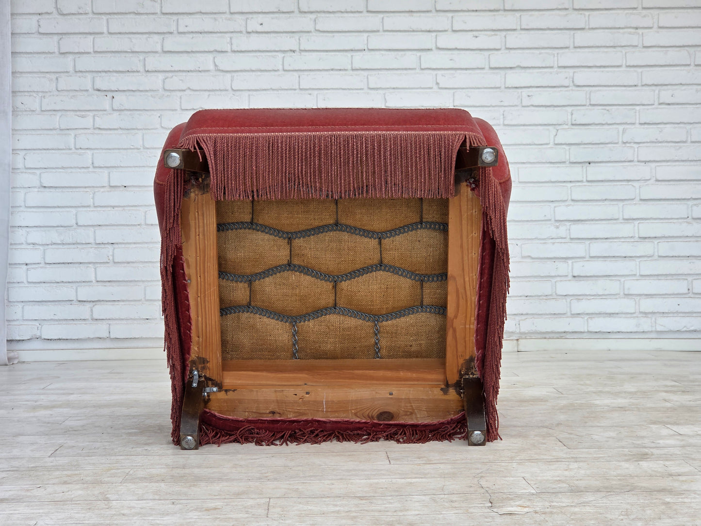 1970s, Danish armchair, salmon pink furniture velour, oak wood.