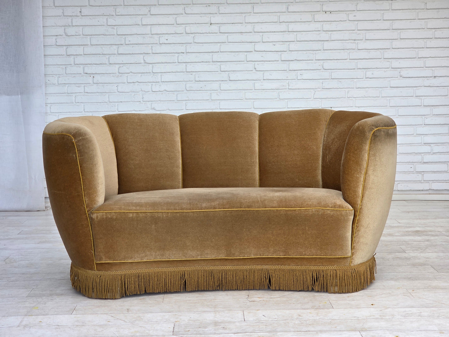 1960s, Danish "Banana" 2-seater sofa, green furniture velour, oak wood.