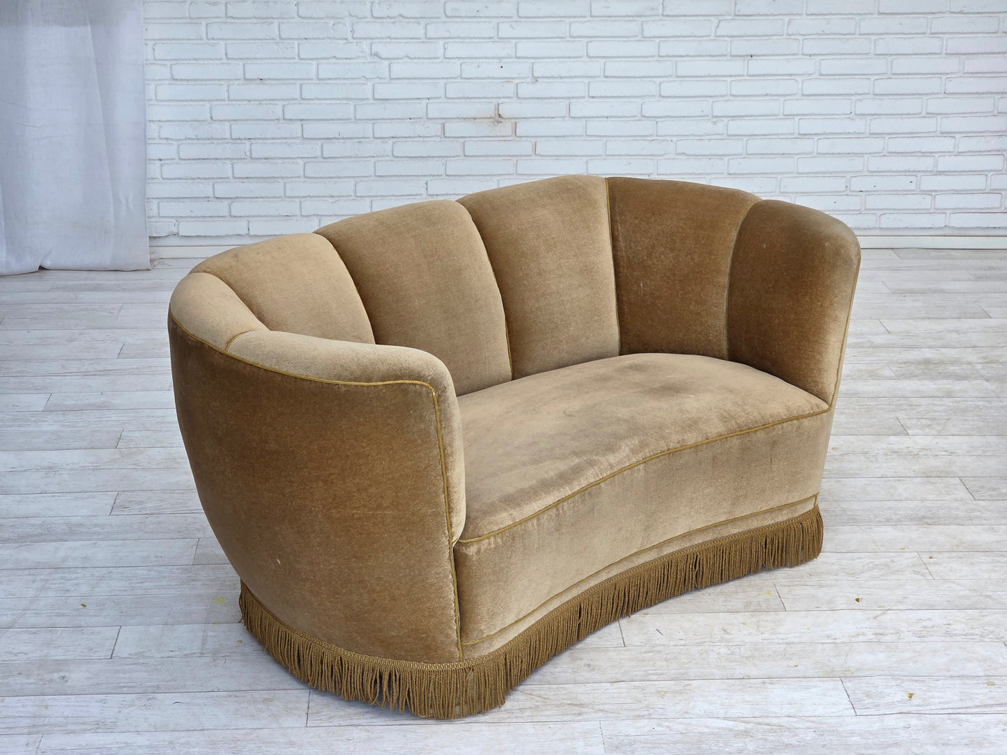 1960s, Danish "Banana" 2-seater sofa, green furniture velour, oak wood.