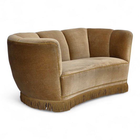 1960s, Danish "Banana" 2-seater sofa, green furniture velour, oak wood.