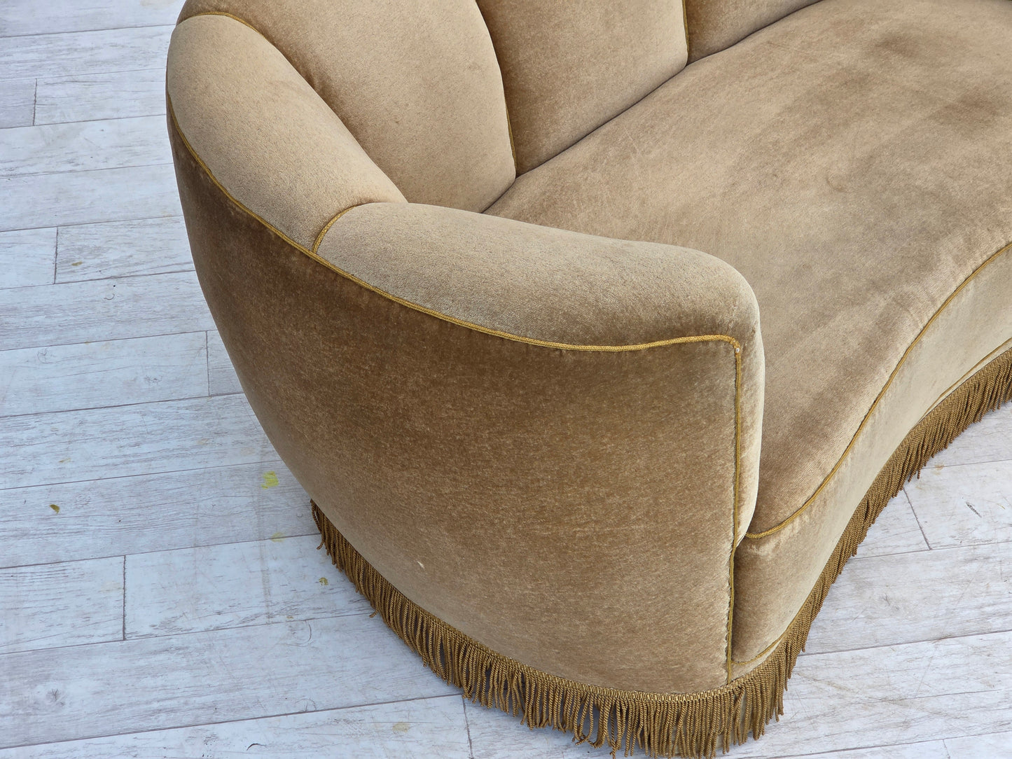1960s, Danish "Banana" 2-seater sofa, green furniture velour, oak wood.