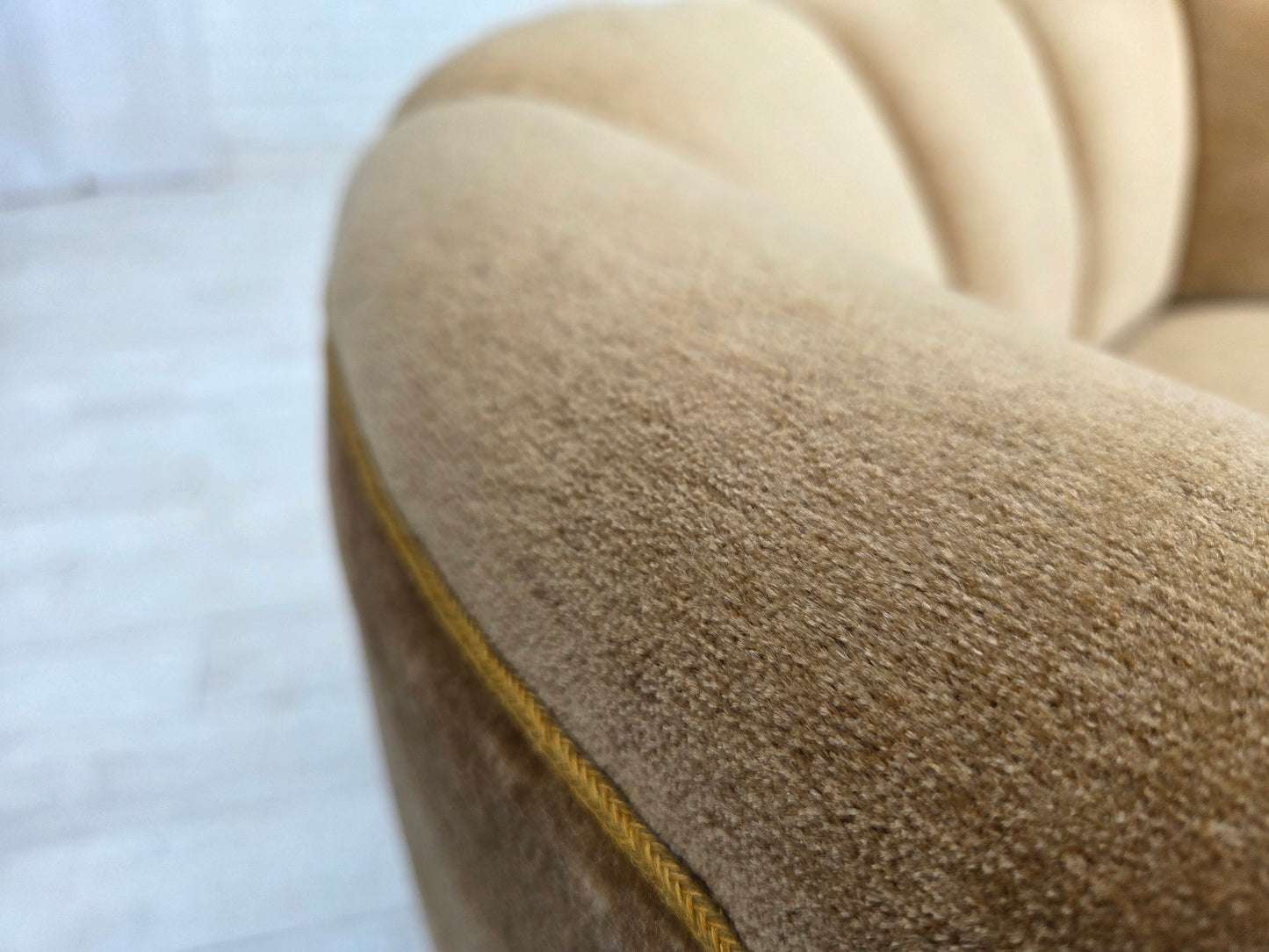 1960s, Danish "Banana" 2-seater sofa, green furniture velour, oak wood.