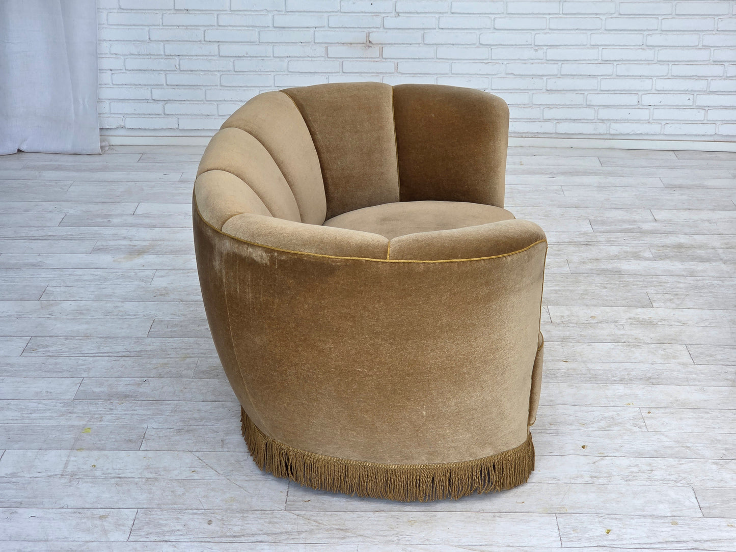 1960s, Danish "Banana" 2-seater sofa, green furniture velour, oak wood.