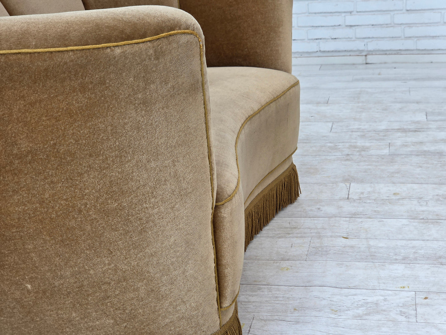 1960s, Danish "Banana" 2-seater sofa, green furniture velour, oak wood.