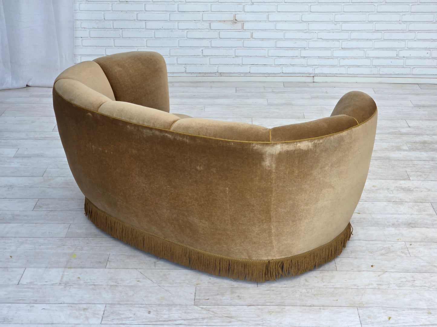 1960s, Danish "Banana" 2-seater sofa, green furniture velour, oak wood.