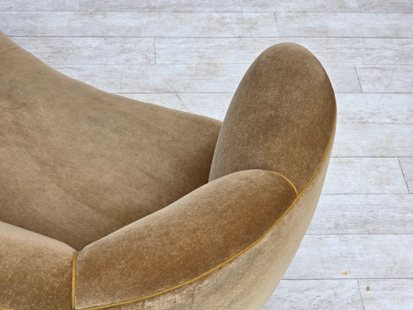 1960s, Danish "Banana" 2-seater sofa, green furniture velour, oak wood.