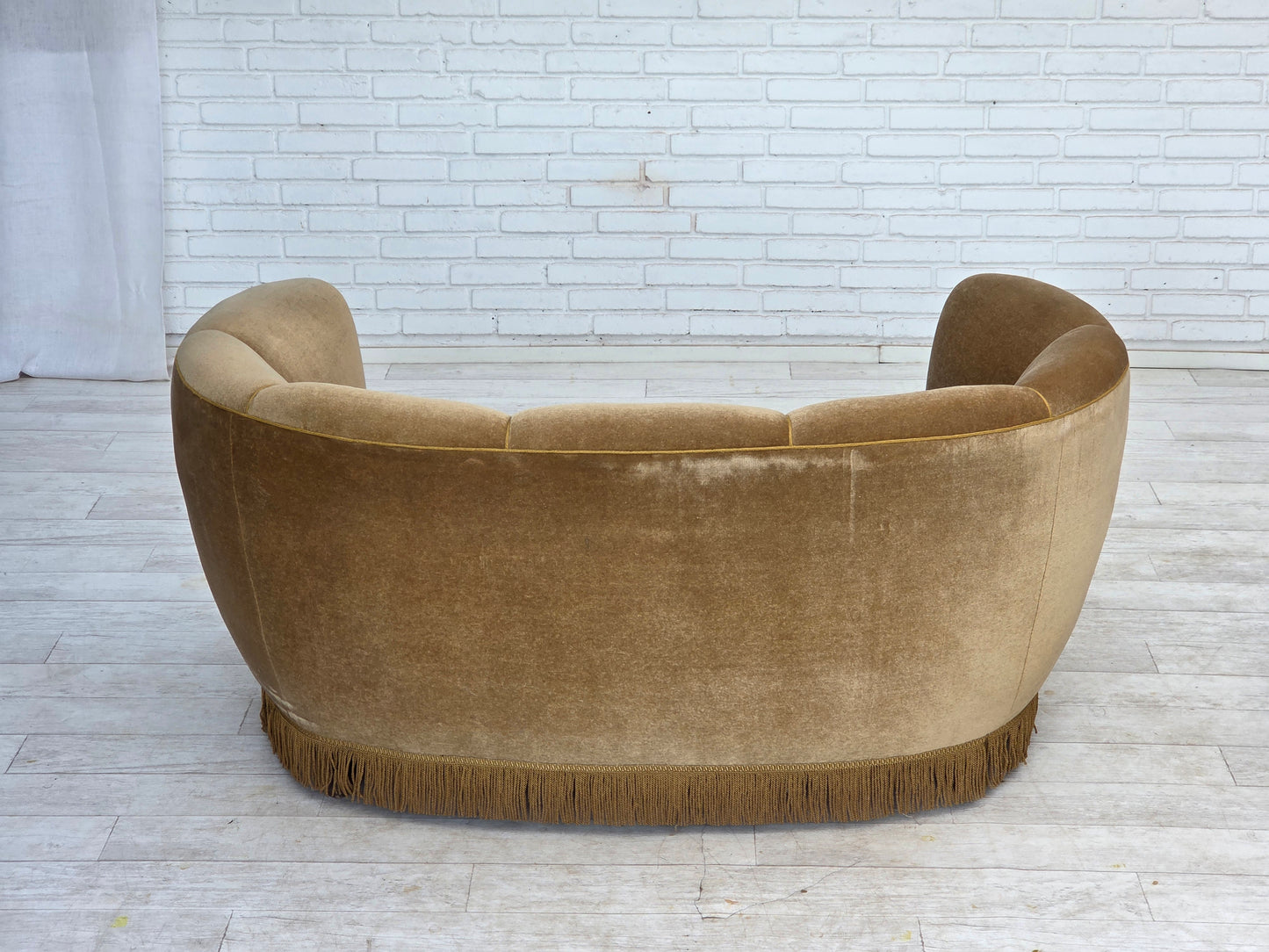 1960s, Danish "Banana" 2-seater sofa, green furniture velour, oak wood.