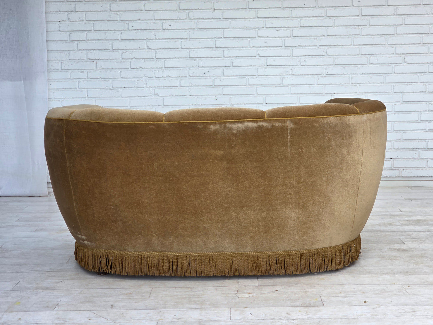 1960s, Danish "Banana" 2-seater sofa, green furniture velour, oak wood.