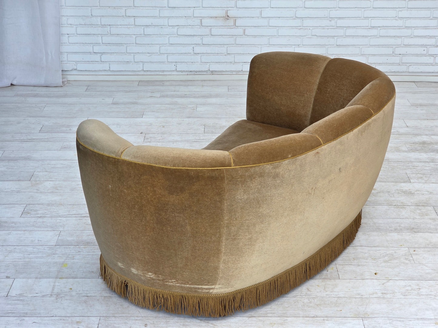 1960s, Danish "Banana" 2-seater sofa, green furniture velour, oak wood.