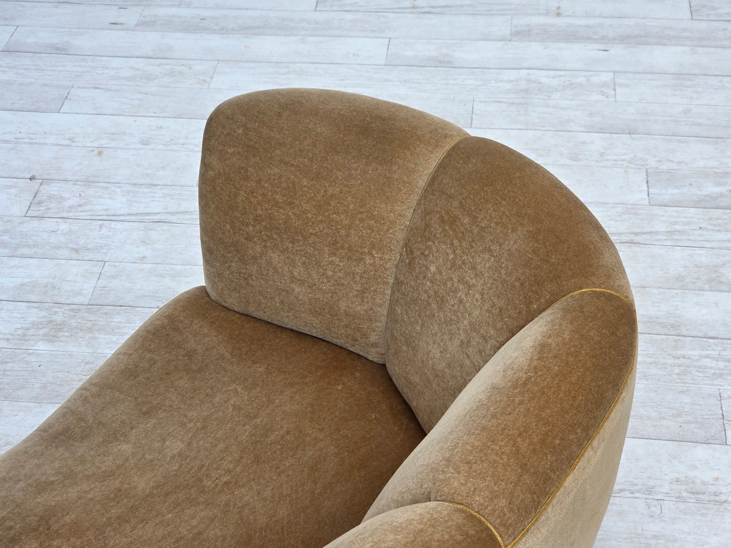 1960s, Danish "Banana" 2-seater sofa, green furniture velour, oak wood.