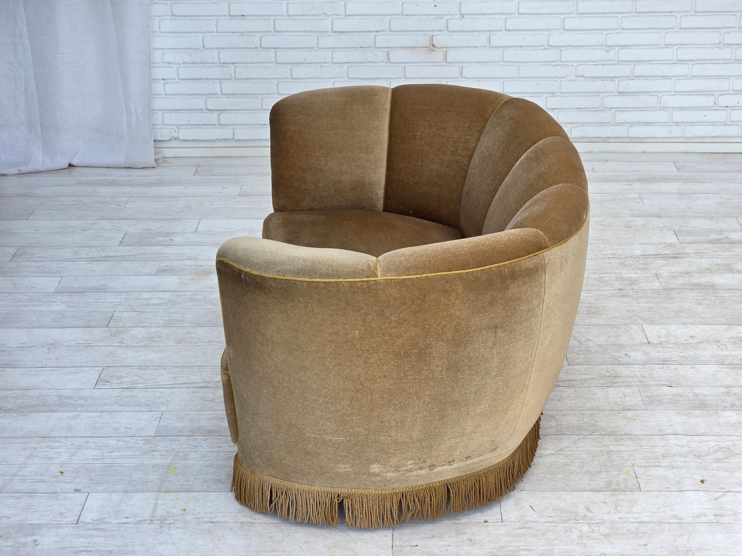 1960s, Danish "Banana" 2-seater sofa, green furniture velour, oak wood.