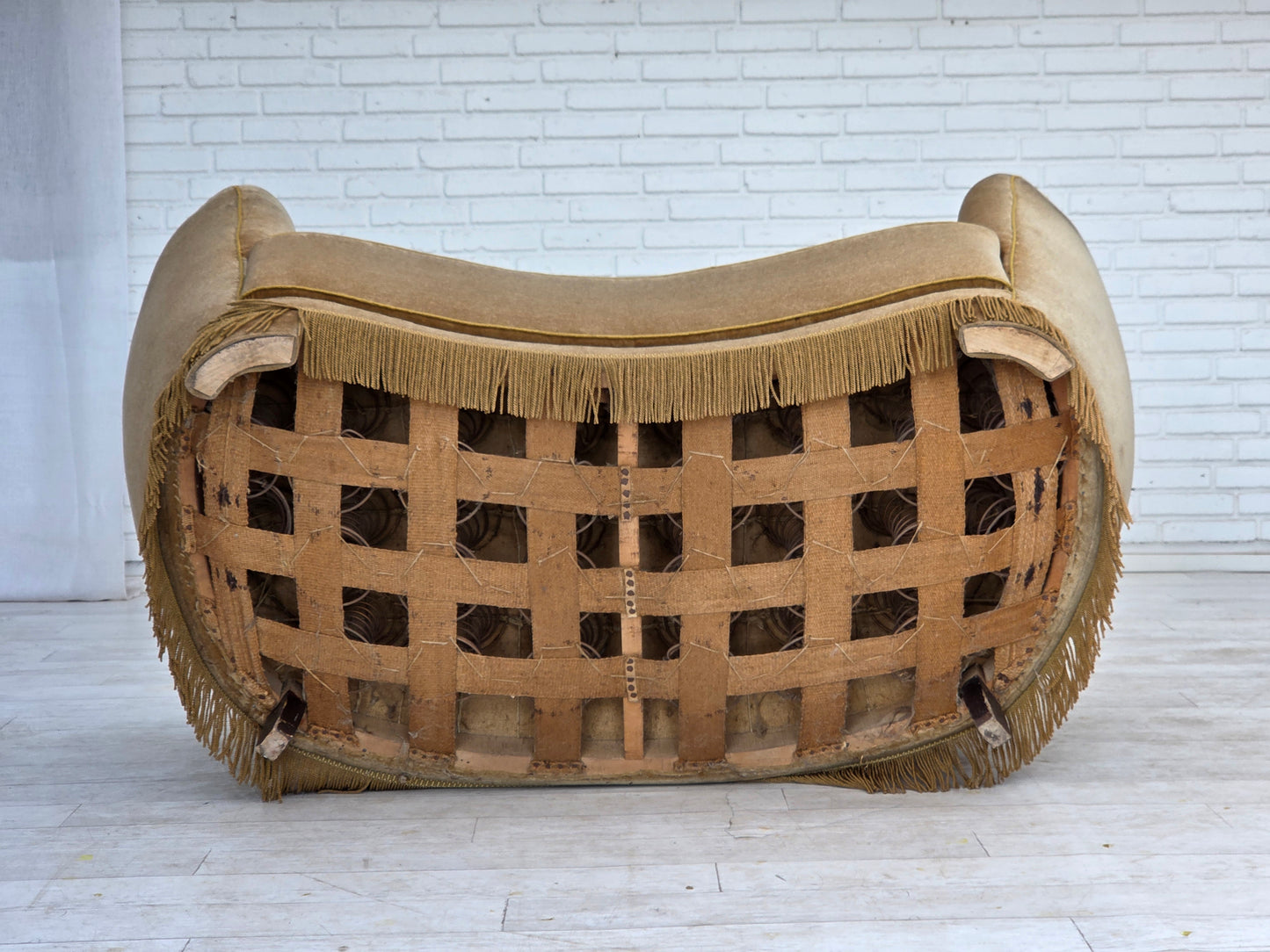 1960s, Danish "Banana" 2-seater sofa, green furniture velour, oak wood.