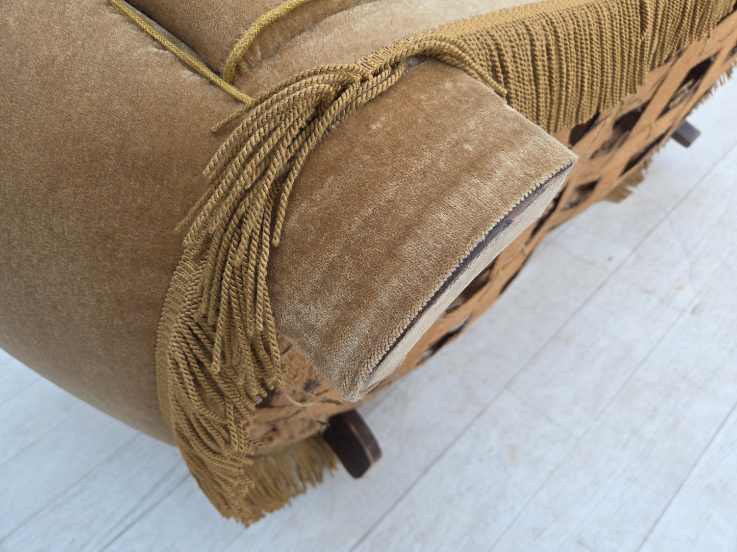 1960s, Danish "Banana" 2-seater sofa, green furniture velour, oak wood.
