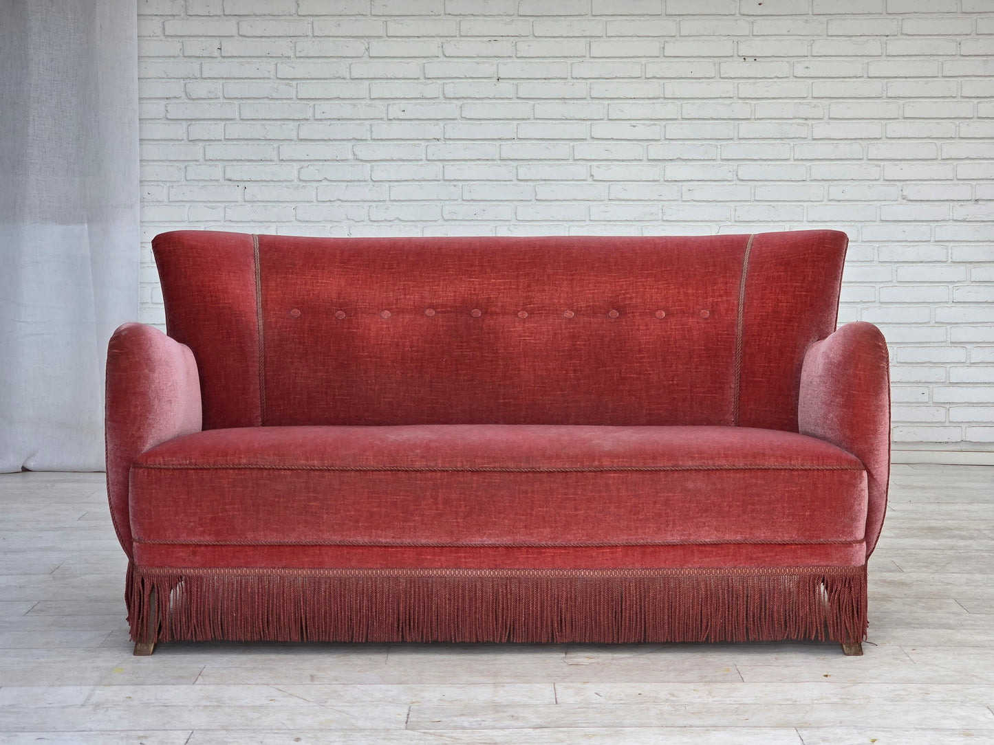 1970s, Danish 2-seater sofa, salmon pink furniture velour, oak wood.