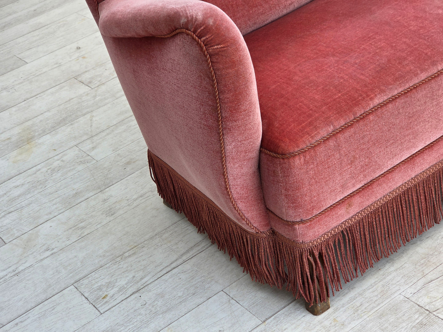1970s, Danish 2-seater sofa, salmon pink furniture velour, oak wood.