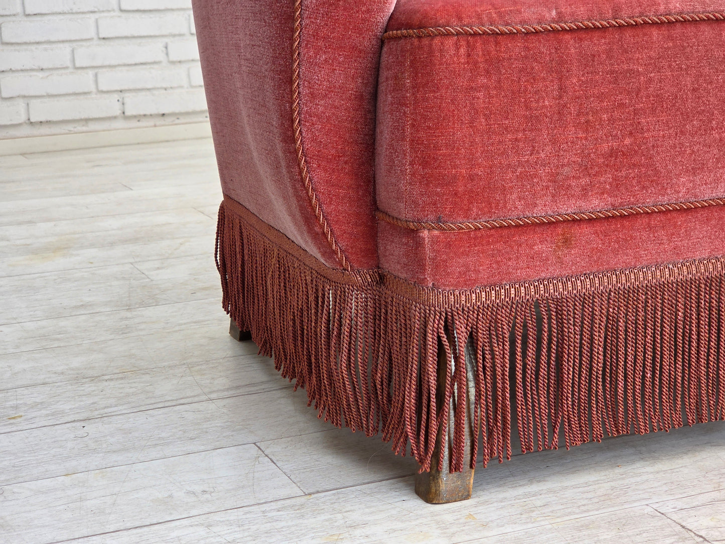 1970s, Danish 2-seater sofa, salmon pink furniture velour, oak wood.