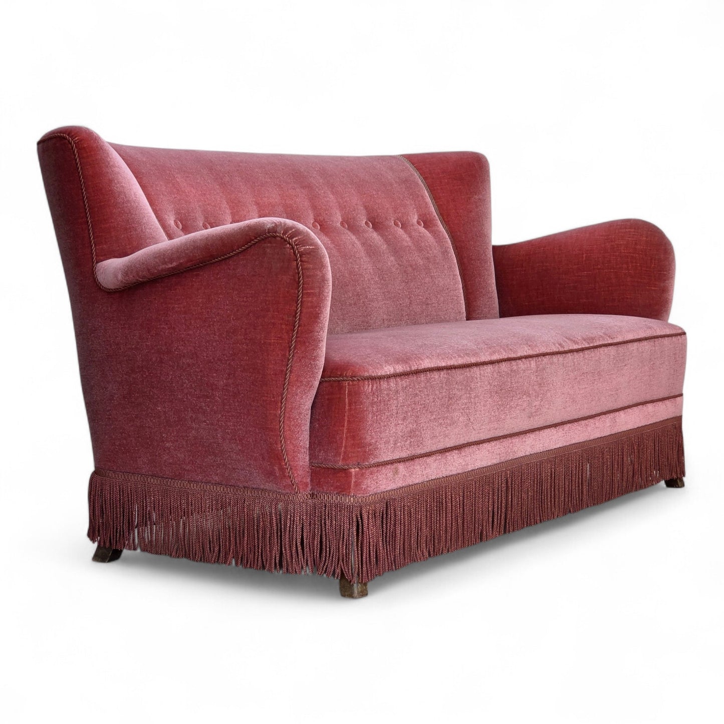 1970s, Danish 2-seater sofa, salmon pink furniture velour, oak wood.