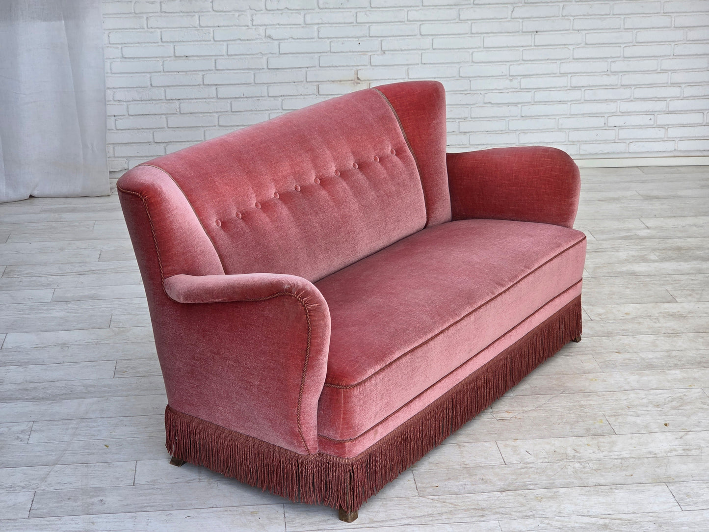 1970s, Danish 2-seater sofa, salmon pink furniture velour, oak wood.