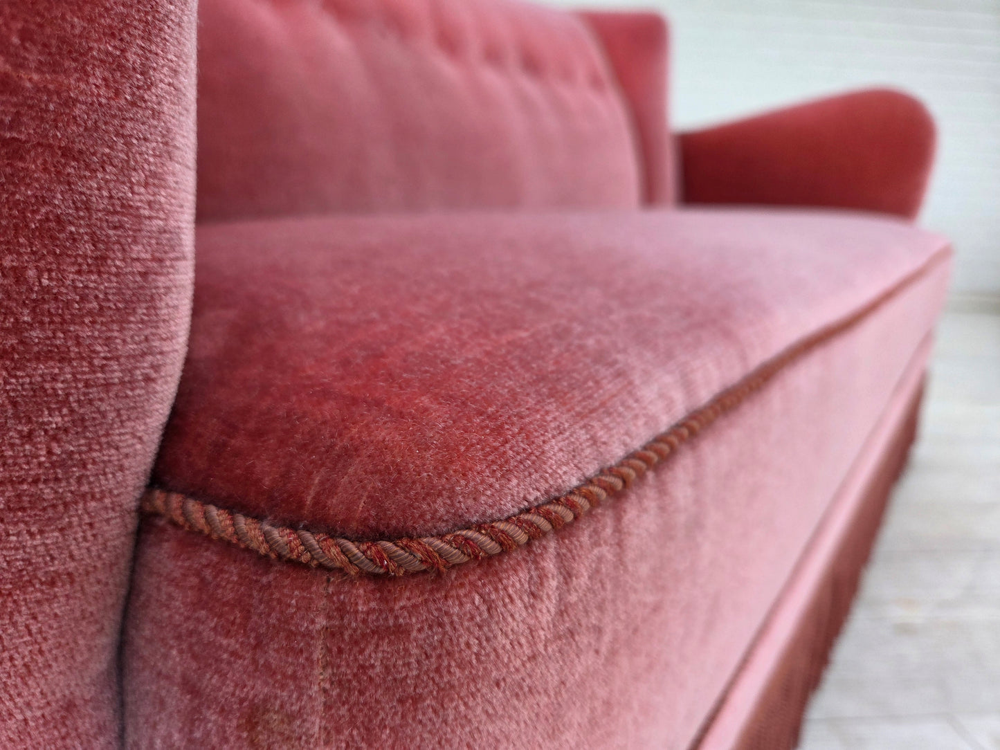 1970s, Danish 2-seater sofa, salmon pink furniture velour, oak wood.