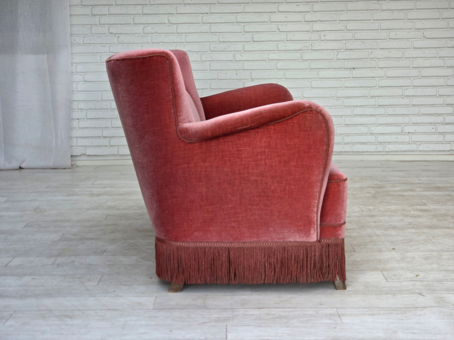 1970s, Danish 2-seater sofa, salmon pink furniture velour, oak wood.