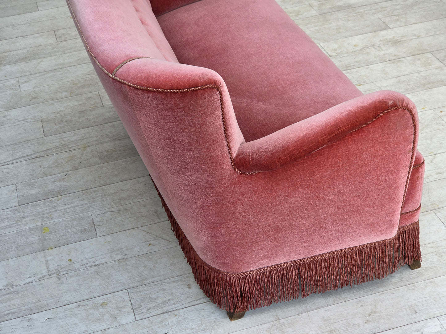 1970s, Danish 2-seater sofa, salmon pink furniture velour, oak wood.