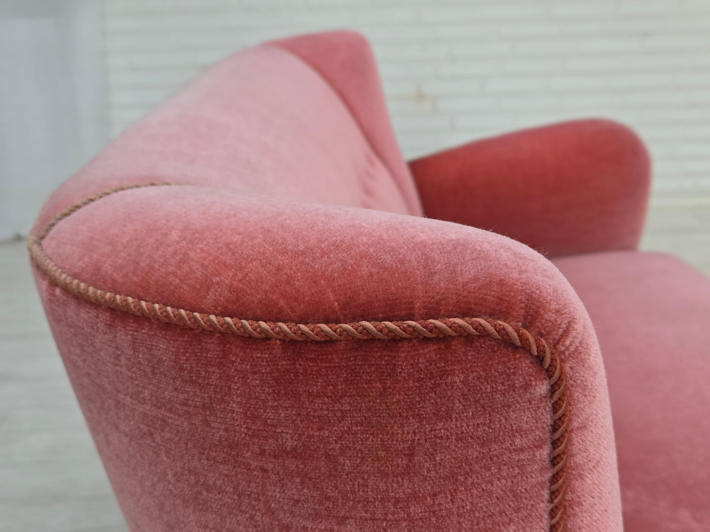 1970s, Danish 2-seater sofa, salmon pink furniture velour, oak wood.