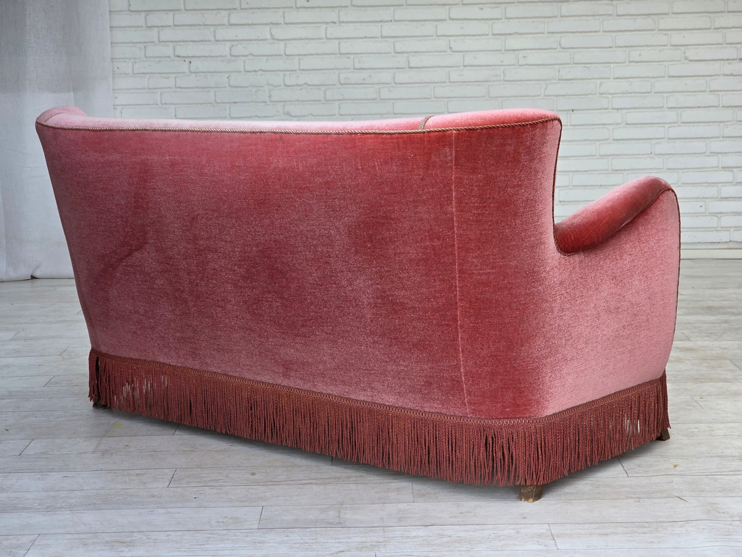 1970s, Danish 2-seater sofa, salmon pink furniture velour, oak wood.