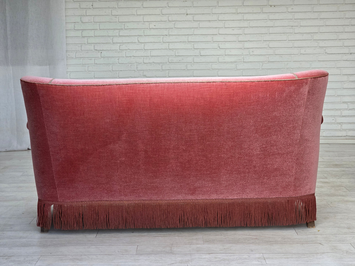 1970s, Danish 2-seater sofa, salmon pink furniture velour, oak wood.