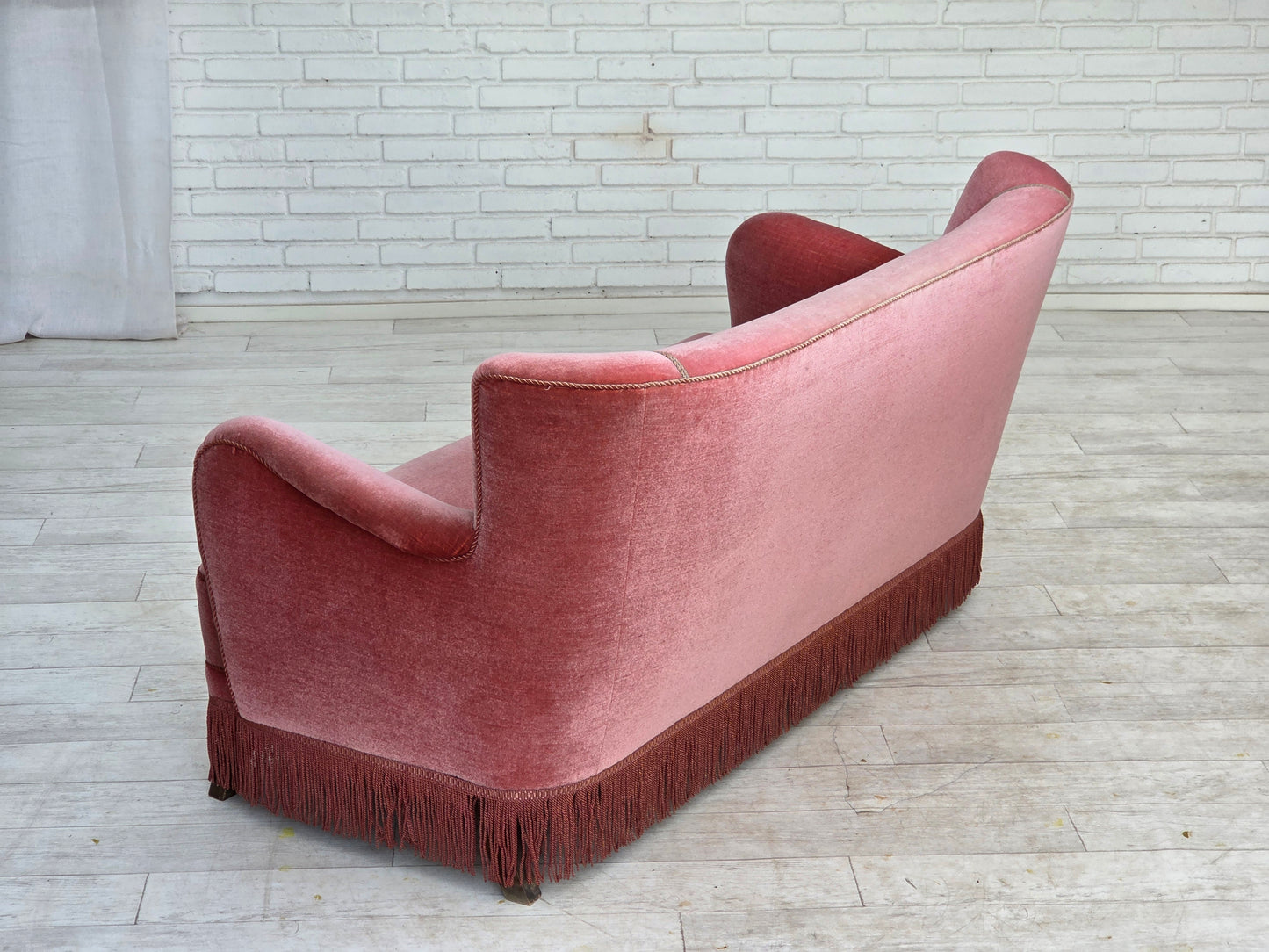 1970s, Danish 2-seater sofa, salmon pink furniture velour, oak wood.