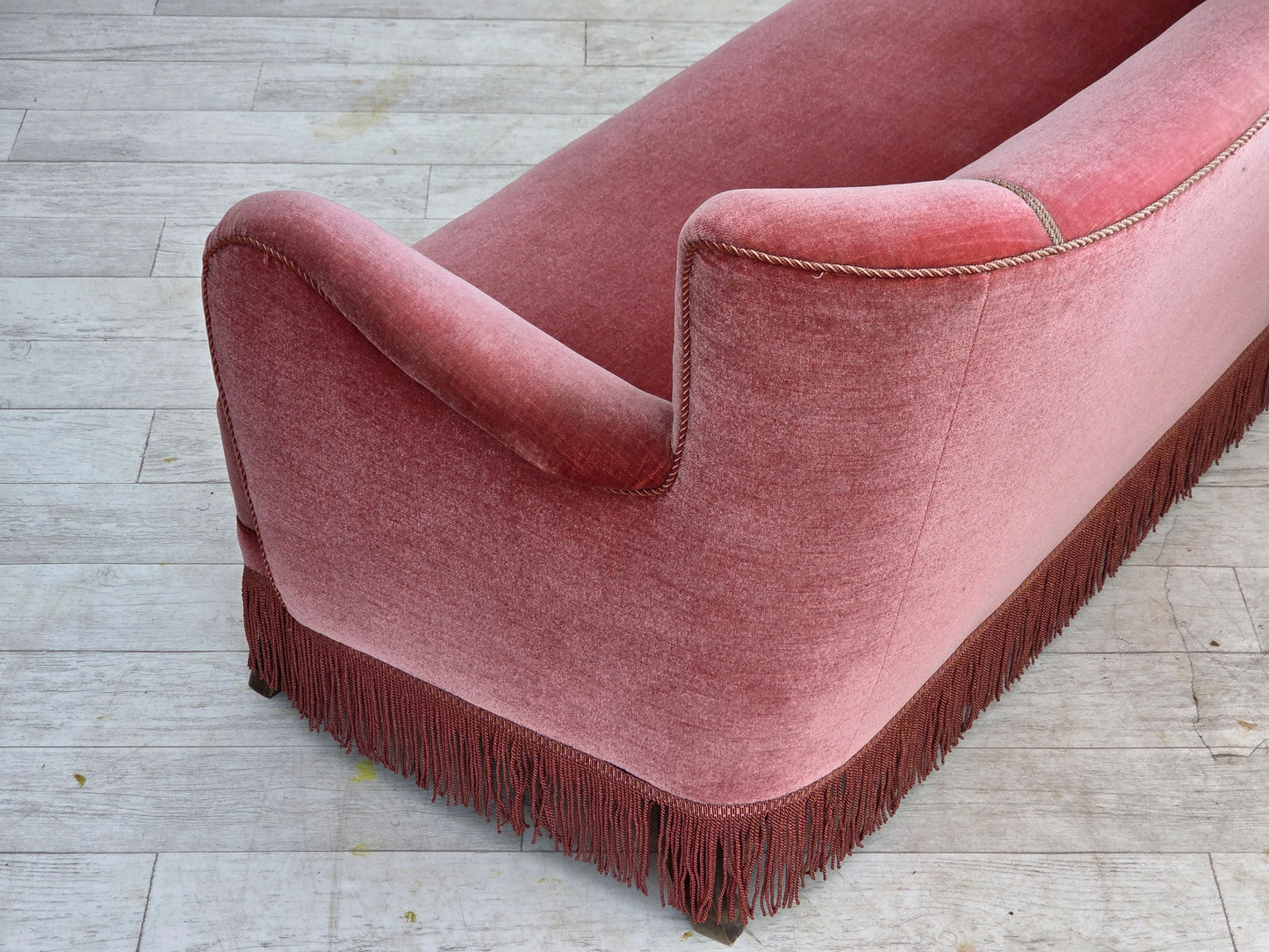 1970s, Danish 2-seater sofa, salmon pink furniture velour, oak wood.