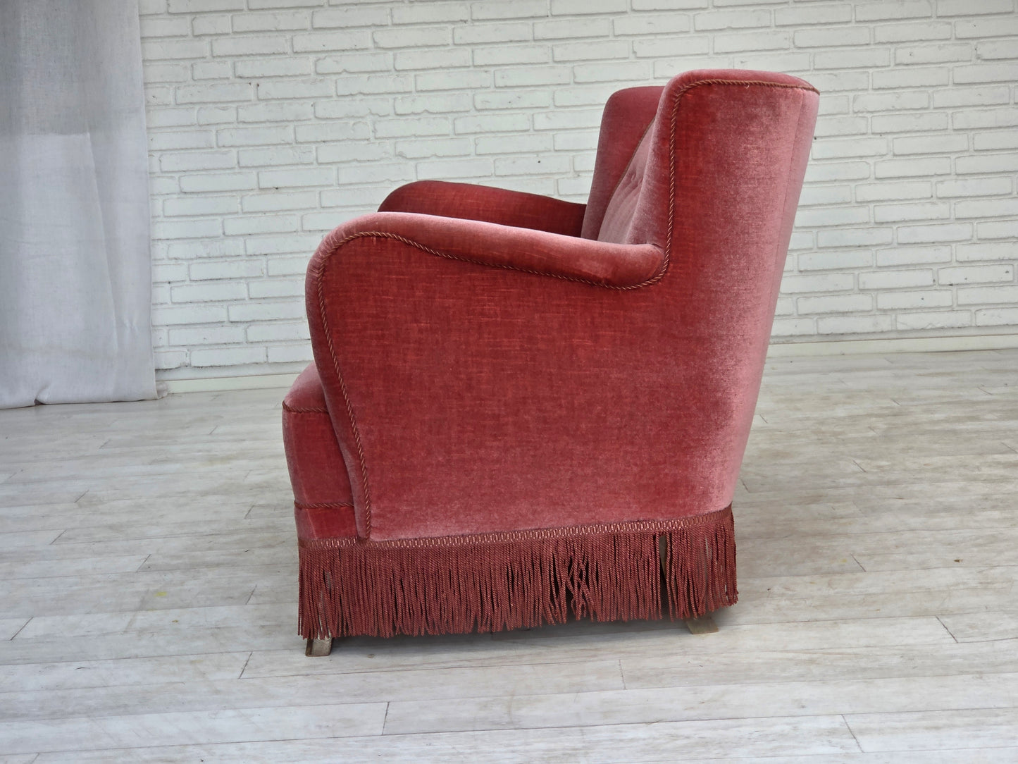 1970s, Danish 2-seater sofa, salmon pink furniture velour, oak wood.