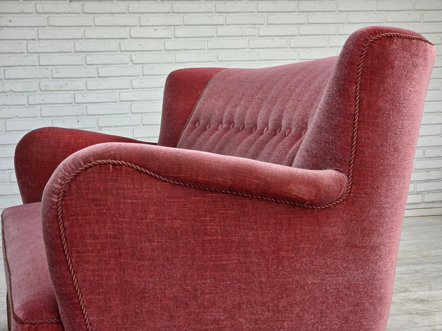 1970s, Danish 2-seater sofa, salmon pink furniture velour, oak wood.