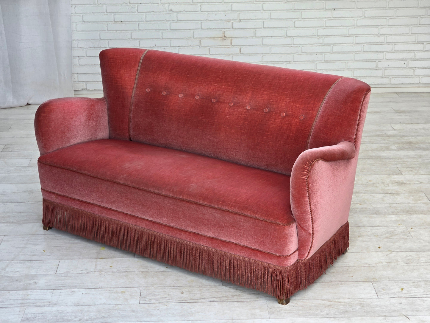 1970s, Danish 2-seater sofa, salmon pink furniture velour, oak wood.